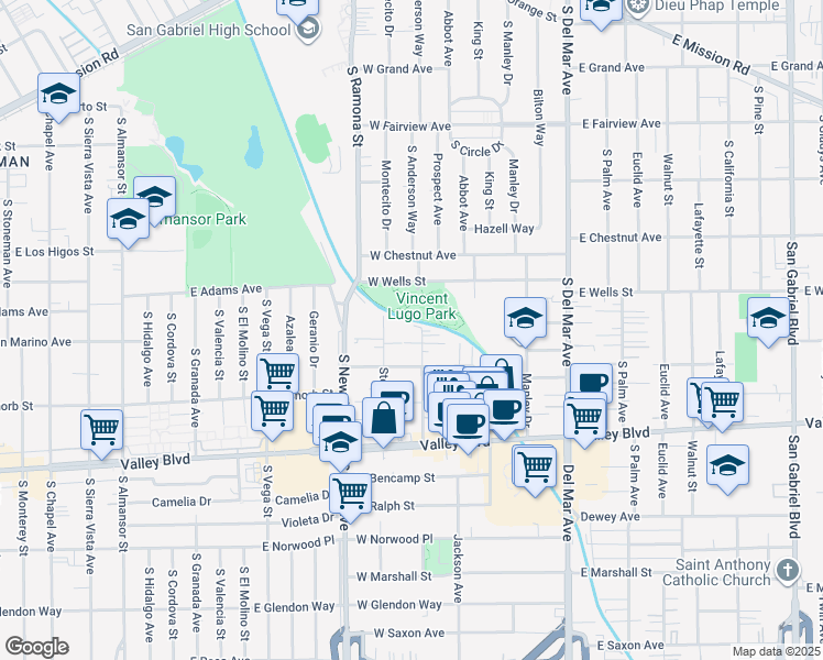 map of restaurants, bars, coffee shops, grocery stores, and more near 1315 Prospect Avenue in San Gabriel