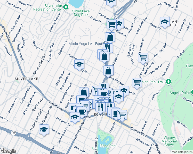 map of restaurants, bars, coffee shops, grocery stores, and more near 1520 Allesandro Street in Los Angeles