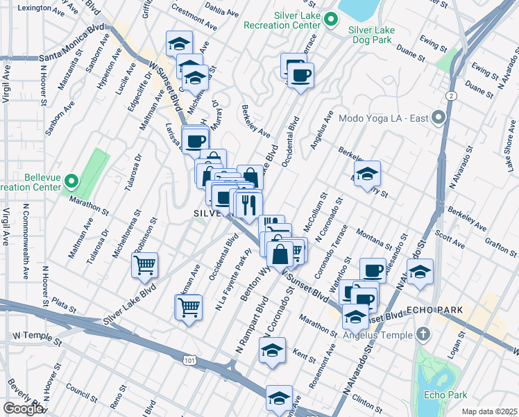 map of restaurants, bars, coffee shops, grocery stores, and more near 1315 Angelus Avenue in Los Angeles