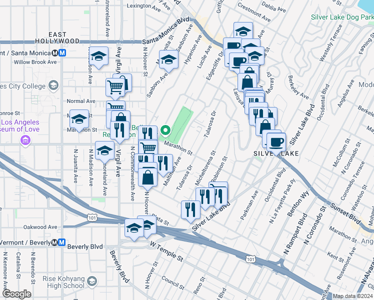 map of restaurants, bars, coffee shops, grocery stores, and more near 754 Maltman Avenue in Los Angeles