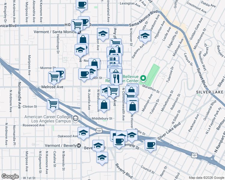 map of restaurants, bars, coffee shops, grocery stores, and more near in Los Angeles