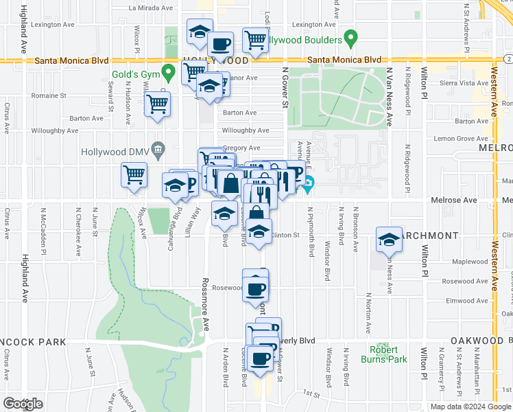 map of restaurants, bars, coffee shops, grocery stores, and more near in Los Angeles
