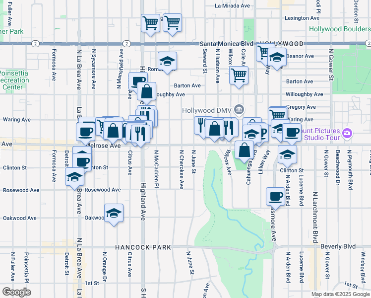 map of restaurants, bars, coffee shops, grocery stores, and more near 634 North Cherokee Avenue in Los Angeles
