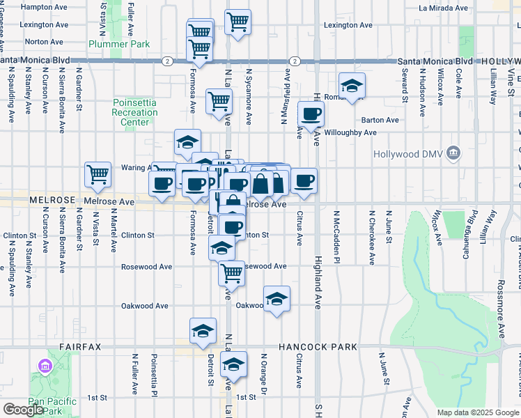 map of restaurants, bars, coffee shops, grocery stores, and more near 636 North Sycamore Avenue in Los Angeles