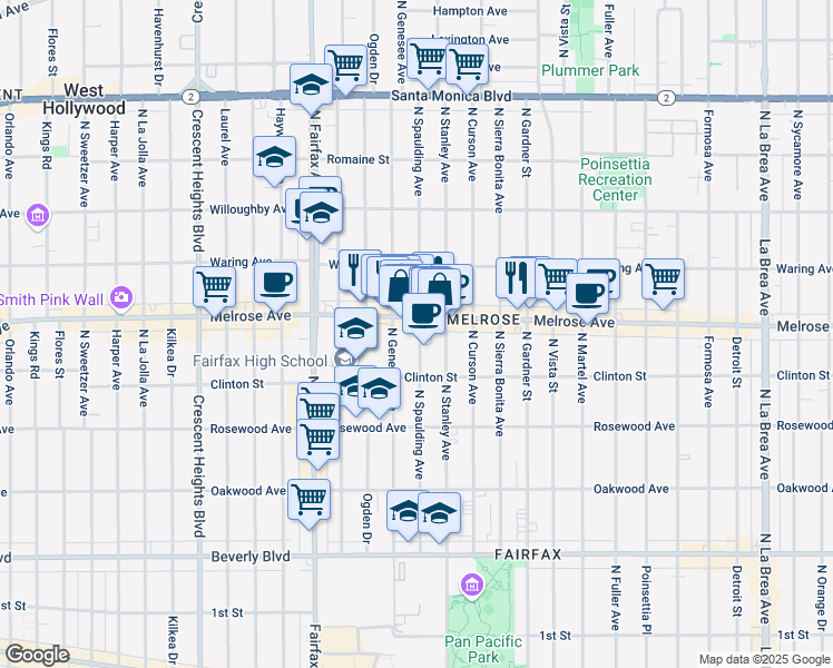 map of restaurants, bars, coffee shops, grocery stores, and more near 628 North Spaulding Avenue in Los Angeles