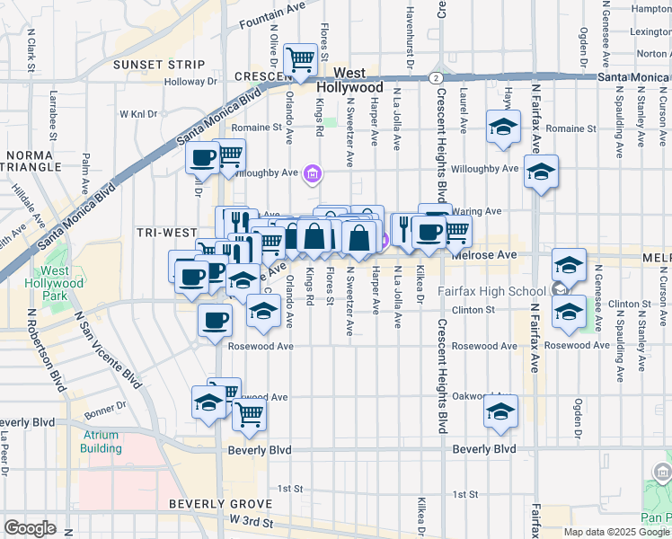 map of restaurants, bars, coffee shops, grocery stores, and more near in Los Angeles