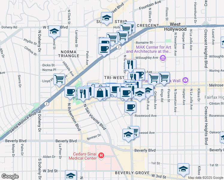 map of restaurants, bars, coffee shops, grocery stores, and more near 635 Westbourne Drive in West Hollywood