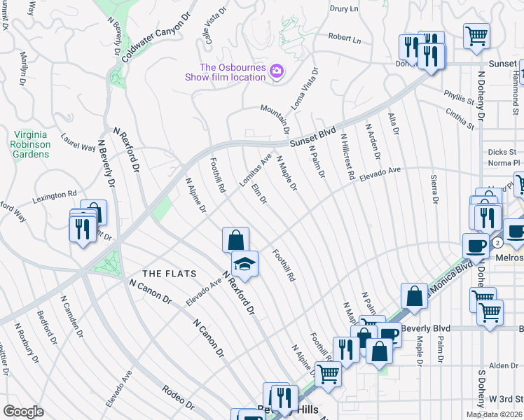 map of restaurants, bars, coffee shops, grocery stores, and more near 709 North Elm Drive in Beverly Hills