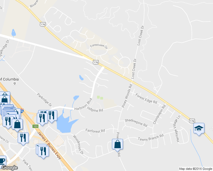 map of restaurants, bars, coffee shops, grocery stores, and more near 19 Eastpine Court in Columbia