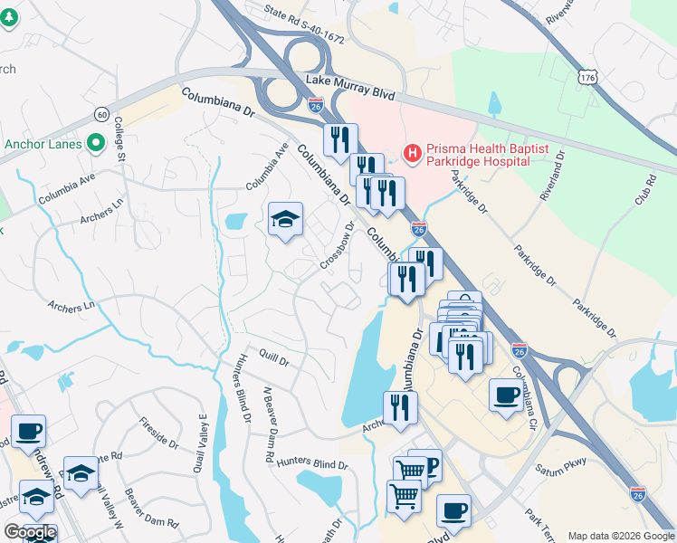 map of restaurants, bars, coffee shops, grocery stores, and more near 21 Crossbow Place in Columbia