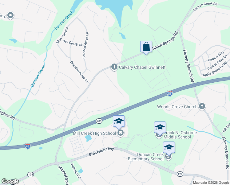 map of restaurants, bars, coffee shops, grocery stores, and more near 2110 Oakpointe Court in Buford