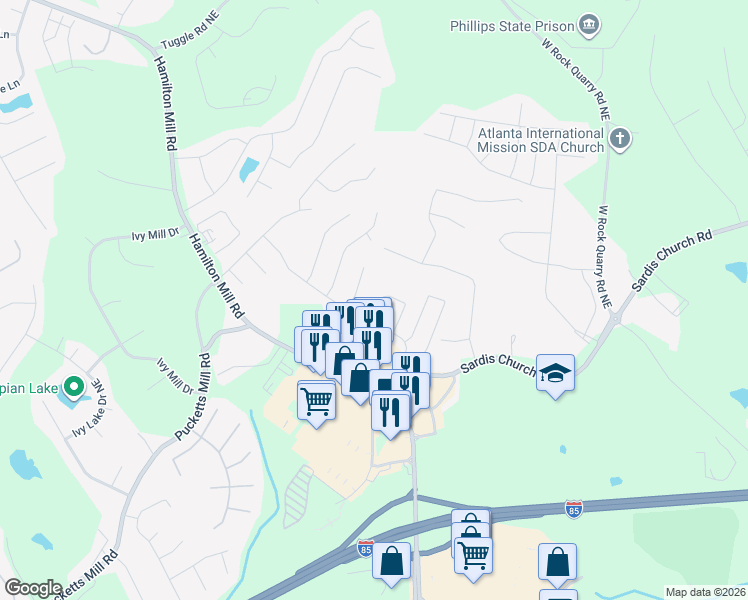 map of restaurants, bars, coffee shops, grocery stores, and more near 3393 Sardis Bend Drive in Buford