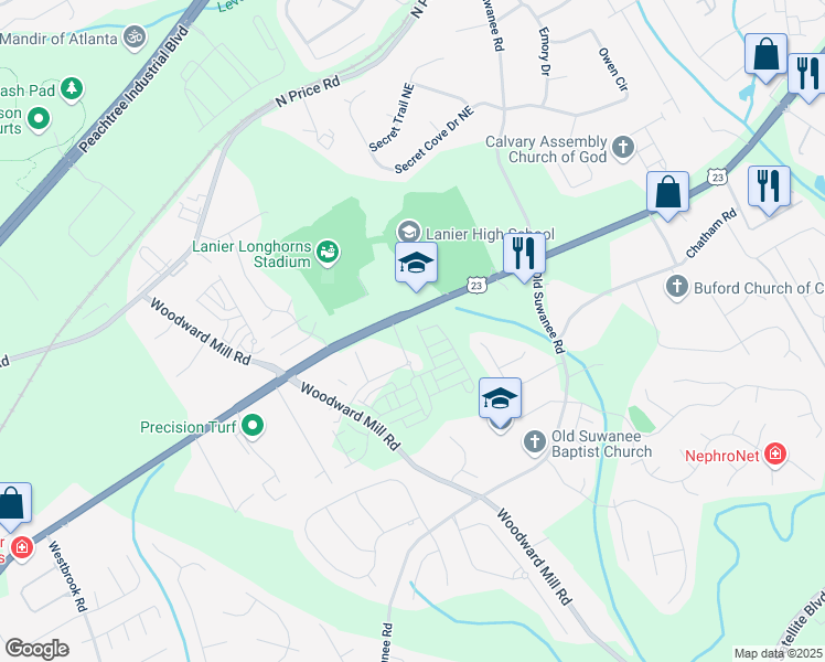 map of restaurants, bars, coffee shops, grocery stores, and more near 5446 Howington Court in Buford