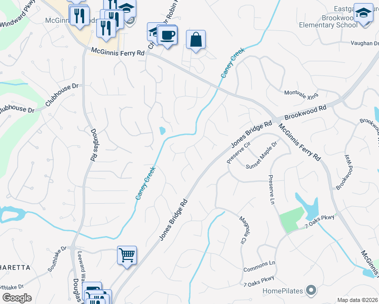 map of restaurants, bars, coffee shops, grocery stores, and more near 5510 Ashewoode Downs Drive in Alpharetta