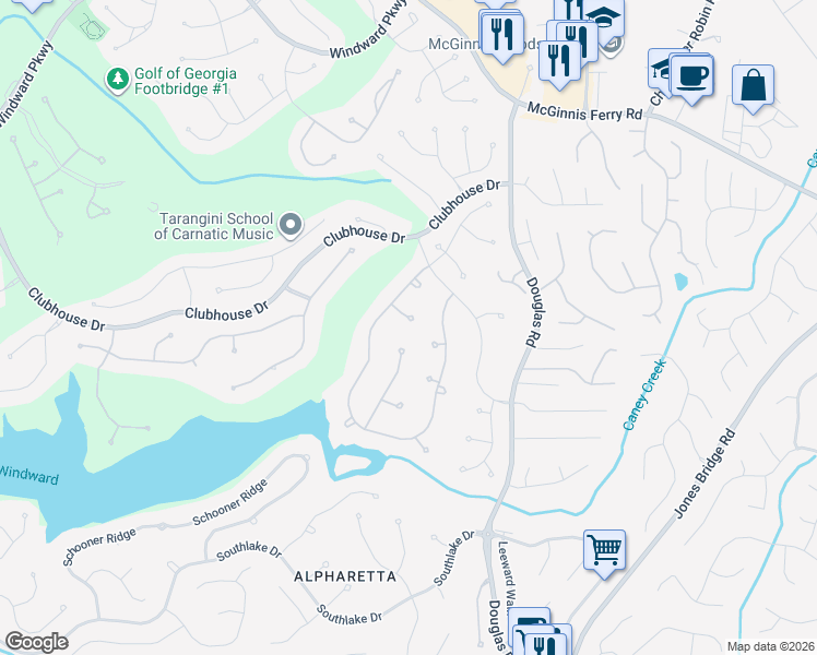map of restaurants, bars, coffee shops, grocery stores, and more near 225 Newport Fairway in Alpharetta