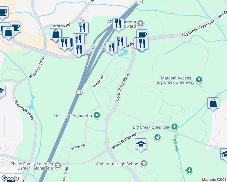 map of restaurants, bars, coffee shops, grocery stores, and more near 742 Topsail Lane in Alpharetta
