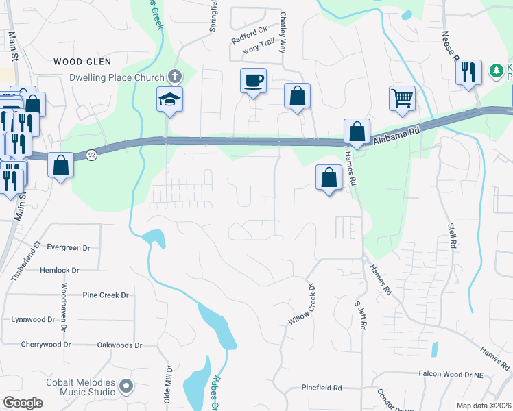 map of restaurants, bars, coffee shops, grocery stores, and more near 1315 Yorkshire Lane in Woodstock