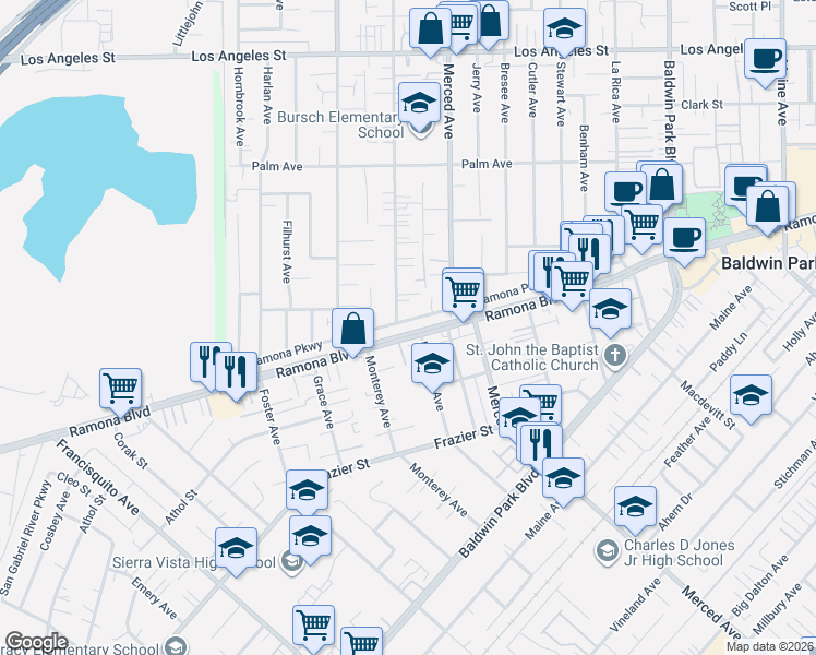 map of restaurants, bars, coffee shops, grocery stores, and more near 13682 Ramona Parkway in Baldwin Park