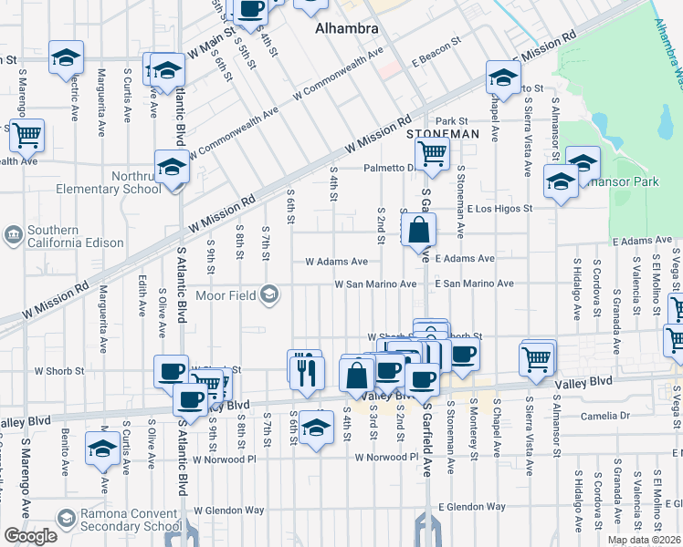 map of restaurants, bars, coffee shops, grocery stores, and more near 301 West San Marino Avenue in Alhambra
