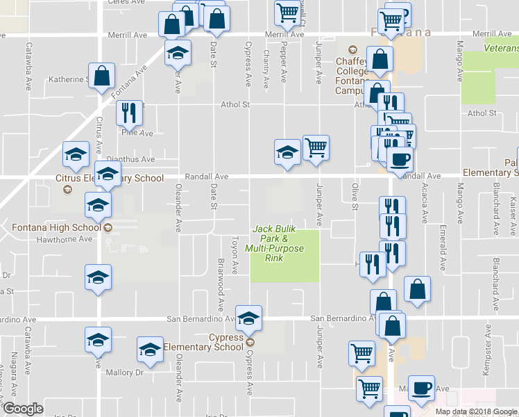 map of restaurants, bars, coffee shops, grocery stores, and more near 9391 Cypress Avenue in Fontana