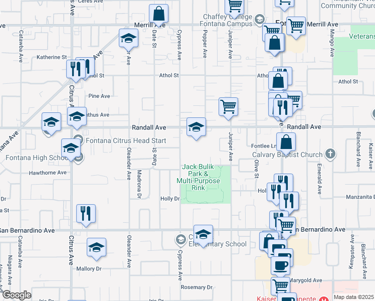 map of restaurants, bars, coffee shops, grocery stores, and more near 9391 Cypress Avenue in Fontana