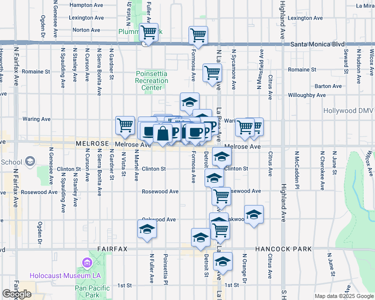 map of restaurants, bars, coffee shops, grocery stores, and more near 7220 Melrose Avenue in Los Angeles