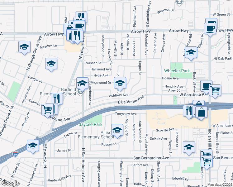 map of restaurants, bars, coffee shops, grocery stores, and more near 990 Ashfield Avenue in Pomona