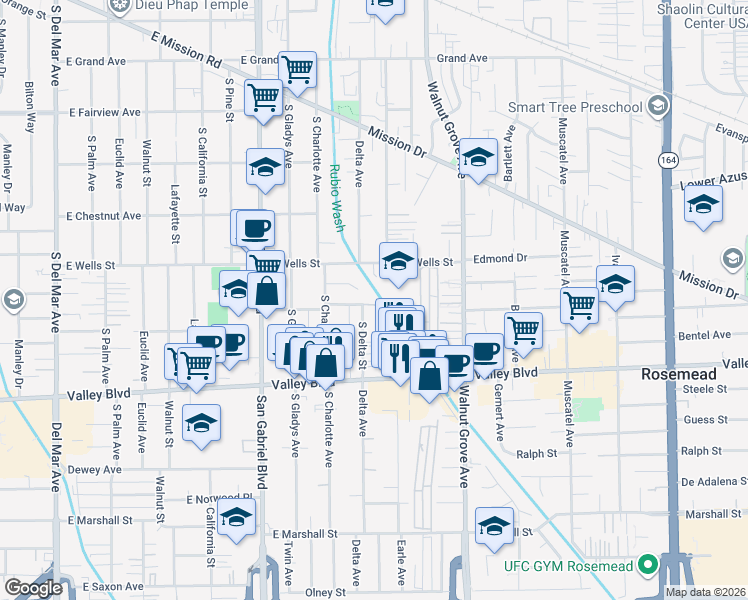 map of restaurants, bars, coffee shops, grocery stores, and more near 1400 South Delta Street in San Gabriel