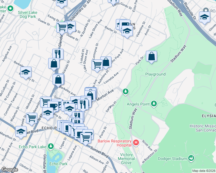 map of restaurants, bars, coffee shops, grocery stores, and more near 1711 Morton Avenue in Los Angeles