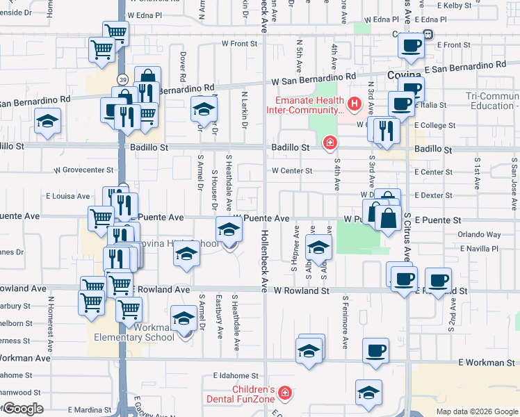 map of restaurants, bars, coffee shops, grocery stores, and more near 519 West Puente Street in Covina