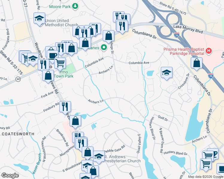 map of restaurants, bars, coffee shops, grocery stores, and more near 507 Timbertrail Court in Columbia