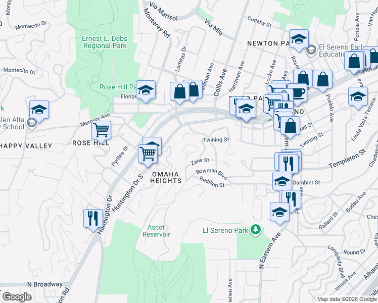 map of restaurants, bars, coffee shops, grocery stores, and more near 3247 Kenneth Drive in Los Angeles