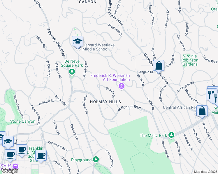 map of restaurants, bars, coffee shops, grocery stores, and more near 10535 Wilshire Boulevard in Los Angeles