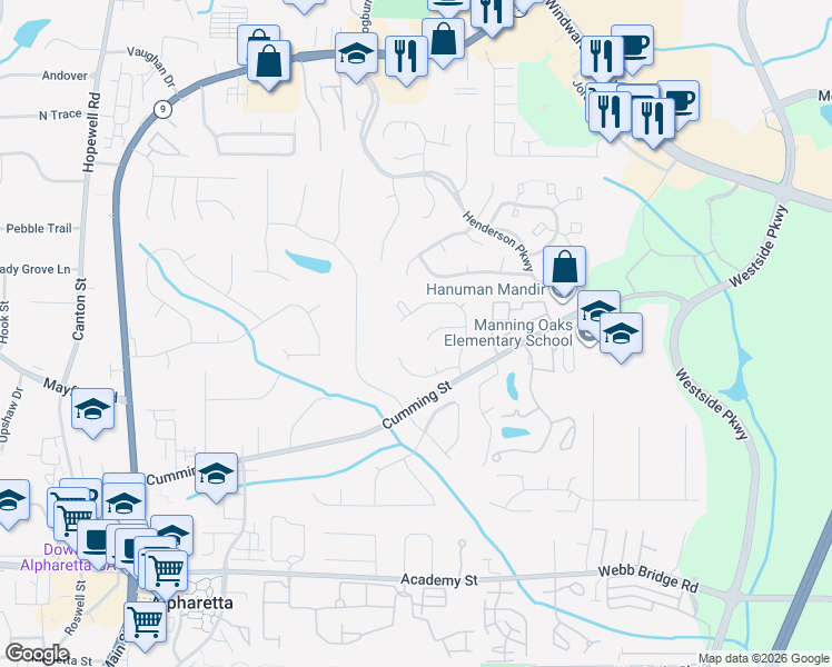 map of restaurants, bars, coffee shops, grocery stores, and more near 4085 Monroe Court in Alpharetta