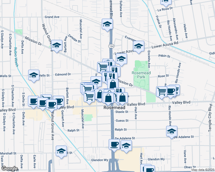 map of restaurants, bars, coffee shops, grocery stores, and more near 8943 Newby Avenue in Rosemead