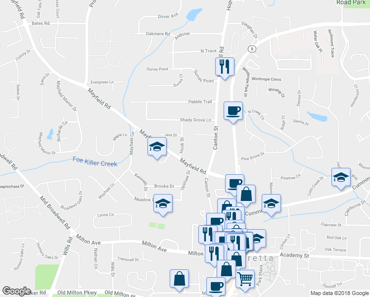 map of restaurants, bars, coffee shops, grocery stores, and more near 281 Hook Street in Alpharetta