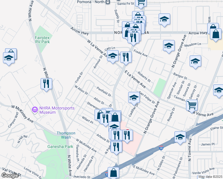 map of restaurants, bars, coffee shops, grocery stores, and more near 2010 North Garey Avenue in Pomona