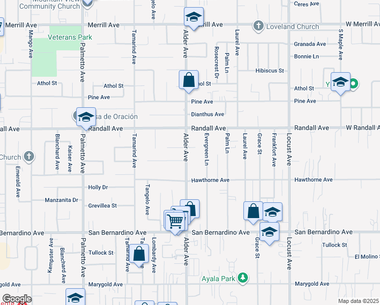 map of restaurants, bars, coffee shops, grocery stores, and more near 9395 Alder Avenue in Fontana