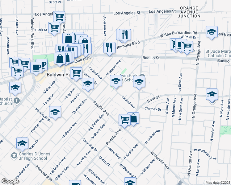 map of restaurants, bars, coffee shops, grocery stores, and more near 3885 Big Dalton Avenue in Baldwin Park