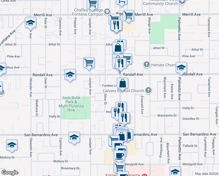 map of restaurants, bars, coffee shops, grocery stores, and more near 16823 Fontlee Lane in Fontana