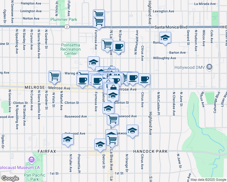 map of restaurants, bars, coffee shops, grocery stores, and more near 7015 Melrose Avenue in Los Angeles