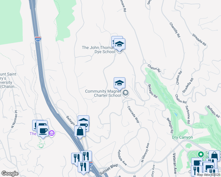 map of restaurants, bars, coffee shops, grocery stores, and more near 890 Linda Flora Drive in Los Angeles