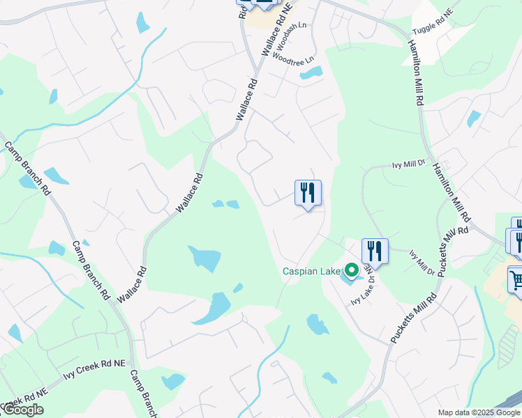 map of restaurants, bars, coffee shops, grocery stores, and more near 3010 Victoria Park Drive Northeast in Buford