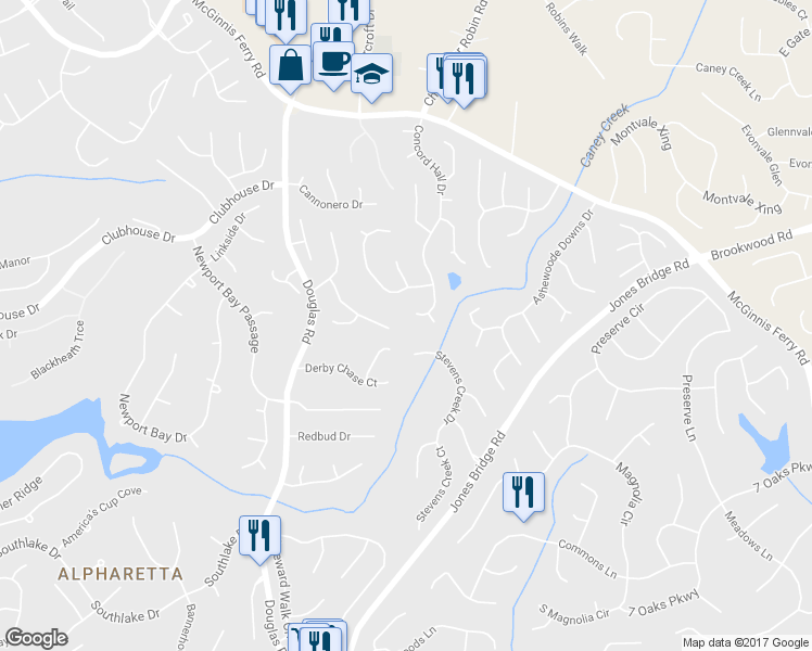 map of restaurants, bars, coffee shops, grocery stores, and more near 12415 Concord Hall Drive in Alpharetta