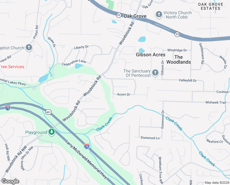 map of restaurants, bars, coffee shops, grocery stores, and more near 207 Autumn Trail in Acworth