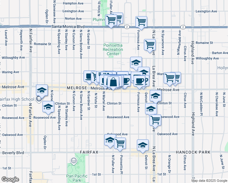 map of restaurants, bars, coffee shops, grocery stores, and more near 646 North Fuller Avenue in Los Angeles