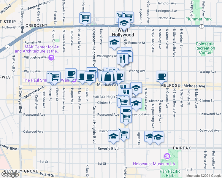 map of restaurants, bars, coffee shops, grocery stores, and more near 658 North Edinburgh Avenue in West Hollywood
