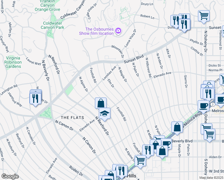 map of restaurants, bars, coffee shops, grocery stores, and more near 709 North Elm Drive in Beverly Hills