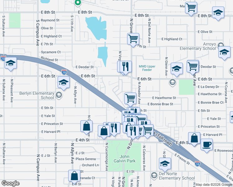 map of restaurants, bars, coffee shops, grocery stores, and more near 1402 North Virginia Avenue in Ontario