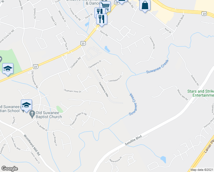 map of restaurants, bars, coffee shops, grocery stores, and more near 1867 Castleberry Lane in Buford
